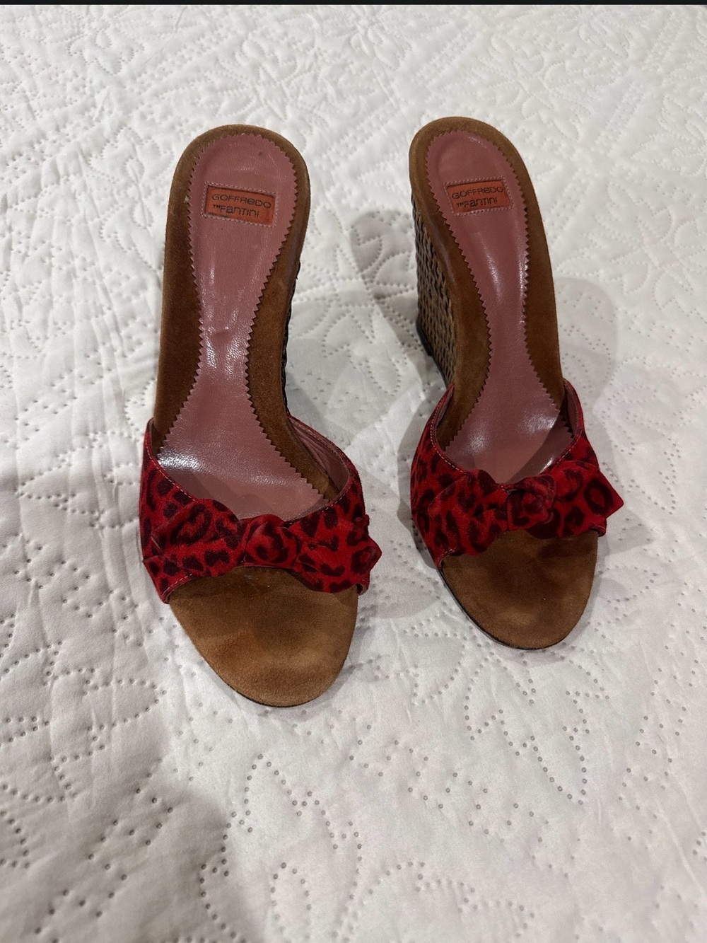 Red Leopard Bow Wedge Sandals - Women's Designer Suede